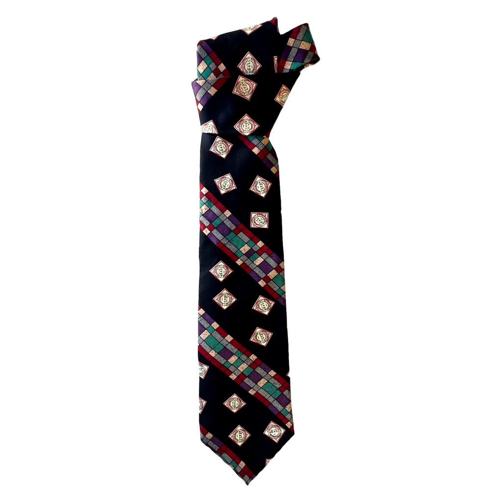Vintage Tabasco Silk Tie Mens Geometric Black Red Green USA Made Novelty Retro